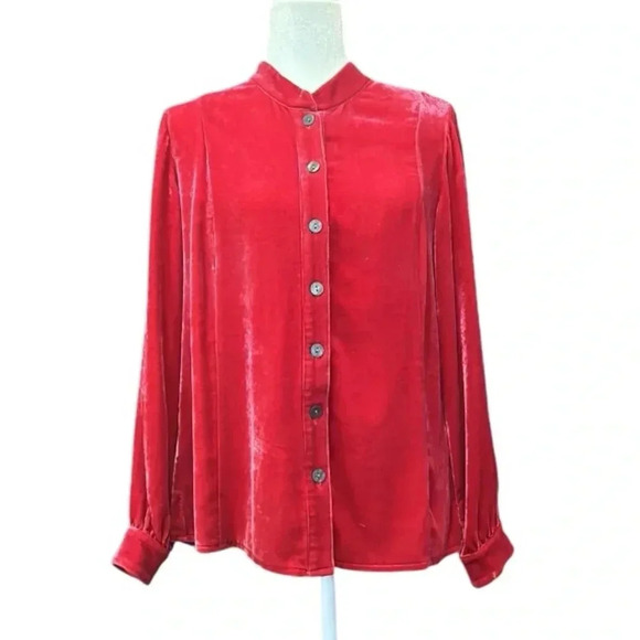 J. Jill Red Silk Blend Velvet Button Down Shirt Size Medium Petite - Picture 5 of 7